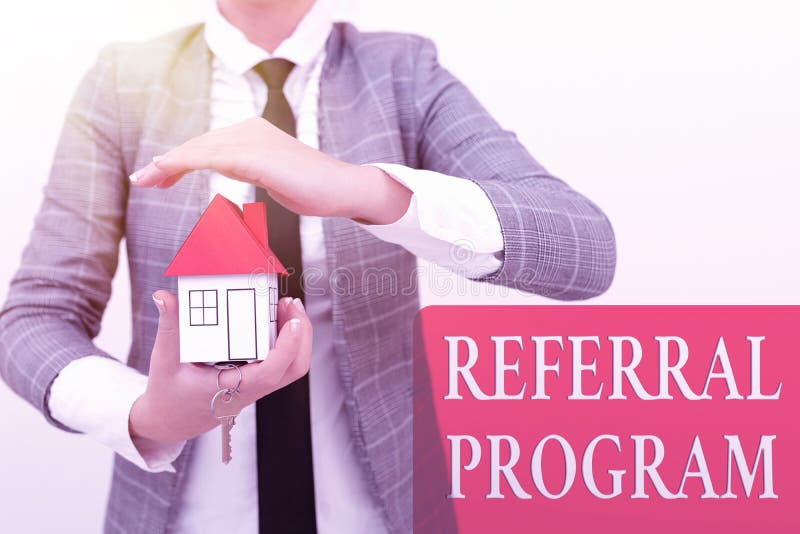 Text sign showing Referral Program. Word Written on internal recruitment method employed by organizations Planning On royalty free stock images