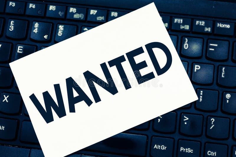 Text sign showing Wanted. Conceptual photo Desire something Wish want Hoping for Somebody being searched stock photography