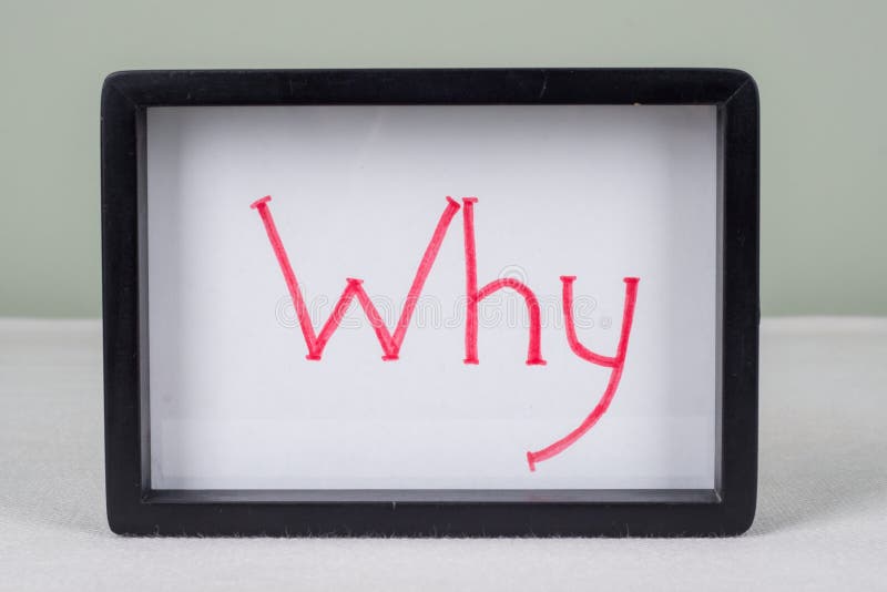Text word why, in black frame, white table. royalty free stock image