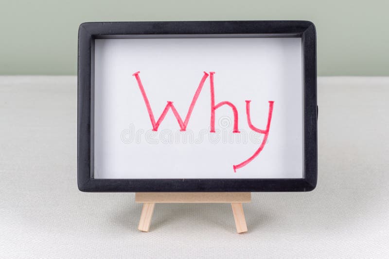 Text word WHY, black frame, on white table. stock image