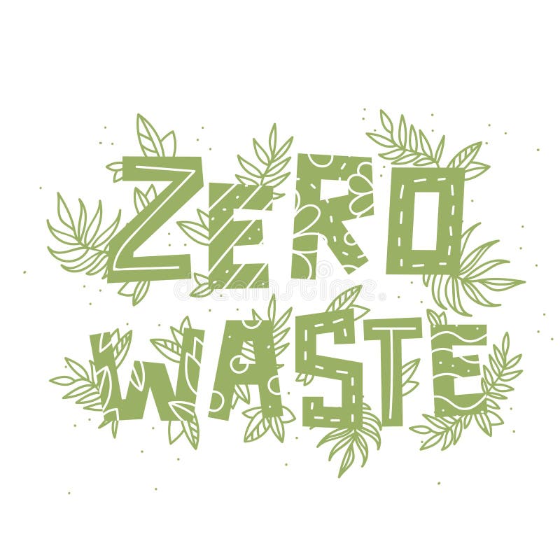 Text zero waste and plants on white background stock illustration