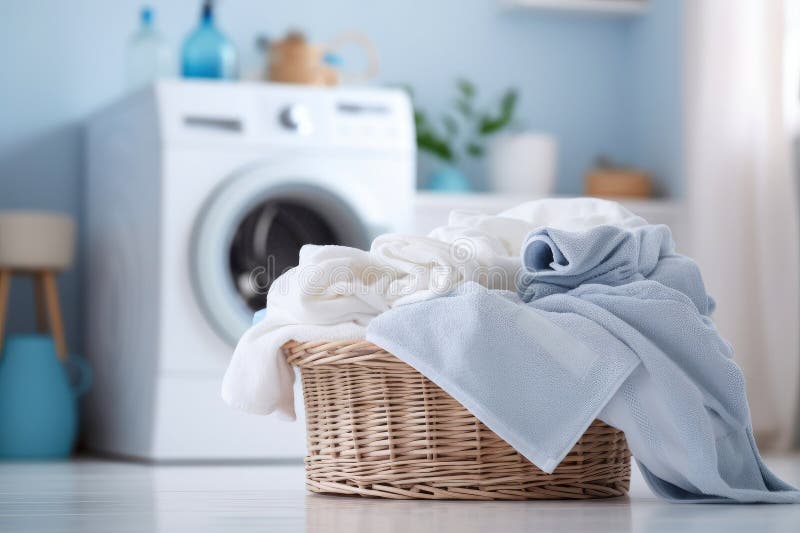 Textile care with a modern washing machine and a wicker laundry basket vector illustration