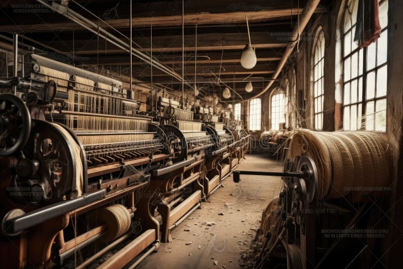 Textile Factory, with Mechanical Looms and Spinning Wheels in Motion