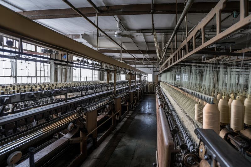 Textile Factory, with Row upon Row of Spinning Machines and Looms Stock