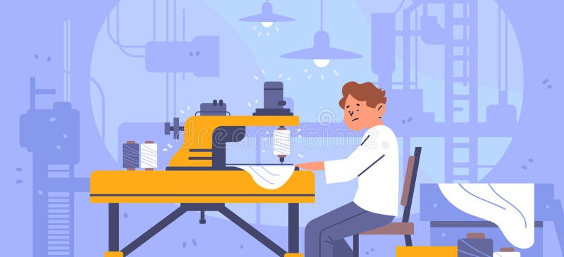 Textile worker sewing fabric on industrial machine manufacturing process spools of thread modern factory interior flat stock illustration
