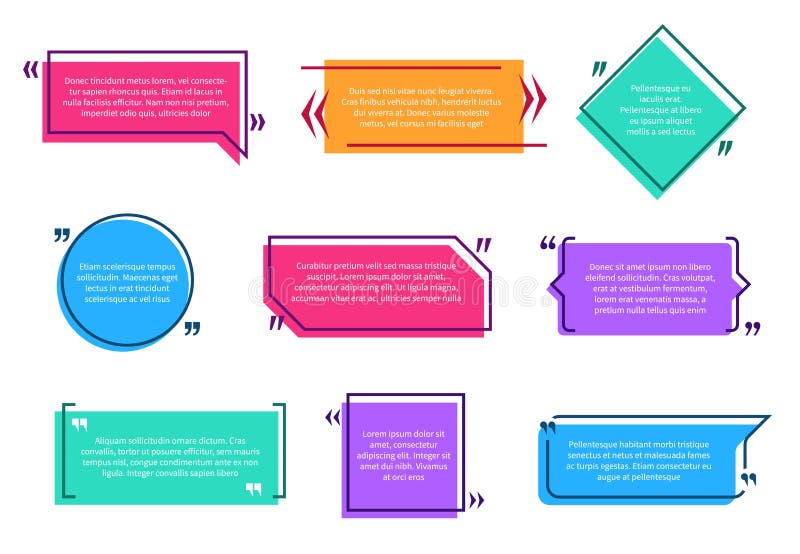 Texting boxes. Colored quote box speech bubble template text note brackets citation page empty frame stickers cartoon vector illustration Texting boxes. Colored quote box speech bubble template text note brackets citation page empty frame stickers cartoon vector illustration