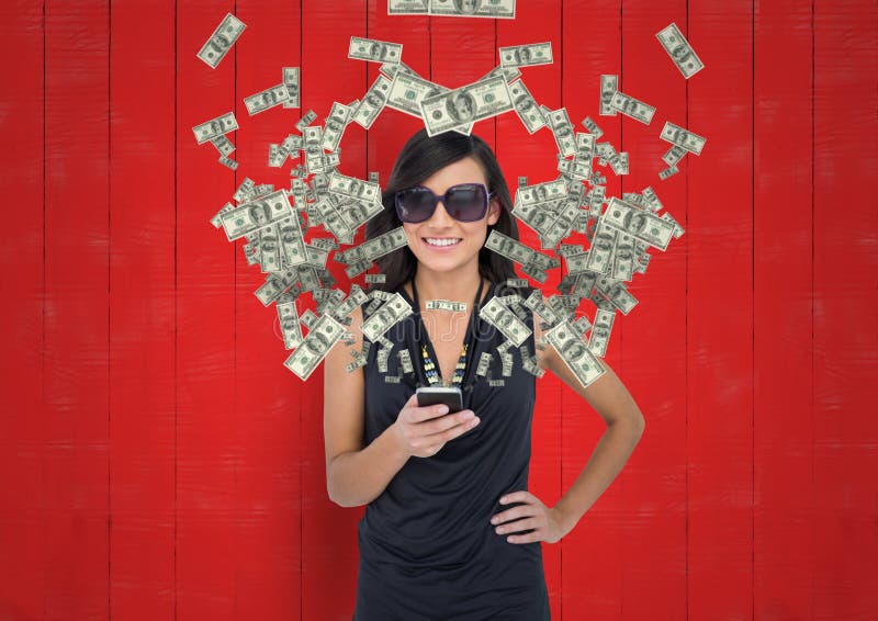 texting money. woman with rich appearance with phone. Money coming up from phone stock photography texting money. woman with rich appearance with phone. Money coming up from phone stock photography