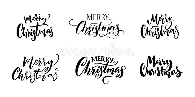 Textinskrifter för glad jul Uppsättning av kalligrafi och handbokstäver för julhälsningkort, etiketter och samkopieringar vektor illustrationer
