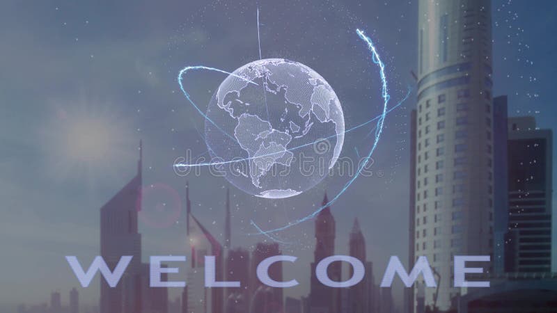 Texto agradable con el holograma 3d de la tierra del planeta contra el contexto de la metr?poli moderna ilustración del vector Texto agradable con el holograma 3d de la tierra del planeta contra el contexto de la metr?poli moderna ilustración del vector