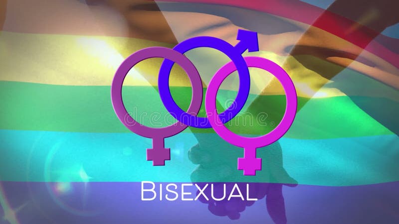 Texto bisexual y tres símbolos femeninos y masculinos unidos contra una bandera arco iris