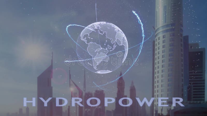 Texto das energias hidr?ulicas com holograma 3d da terra do planeta contra o contexto da metr?pole moderna ilustração stock Texto das energias hidr?ulicas com holograma 3d da terra do planeta contra o contexto da metr?pole moderna ilustração stock