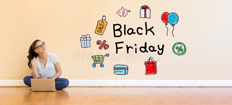Texto de Black Friday con la mujer joven que usa un ordenador portátil fotografía de archivo libre de regalías Texto de Black Friday con la mujer joven que usa un ordenador portátil fotografía de archivo libre de regalías