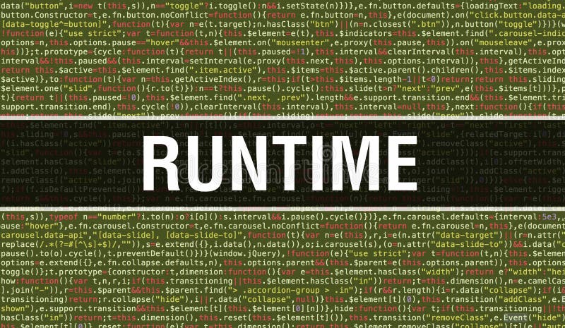 Texto de RUNTIME escrito en el contexto de la tecnología abstracta de programación de código del desarrollador de software y scri foto de archivo libre de regalías