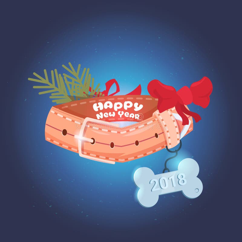 Texto do ano novo feliz na coleira de cão decorada com ramo de árvore do Natal e projeto de cartão vermelho do feriado da curva ilustração royalty free Texto do ano novo feliz na coleira de cão decorada com ramo de árvore do Natal e projeto de cartão vermelho do feriado da curva ilustração royalty free