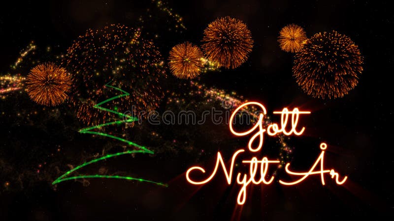 Texto do ano novo feliz no sueco ‘Gott Nytt AR’ sobre o pinheiro e os fogos de artifício foto de stock royalty free Texto do ano novo feliz no sueco ‘Gott Nytt AR’ sobre o pinheiro e os fogos de artifício foto de stock royalty free