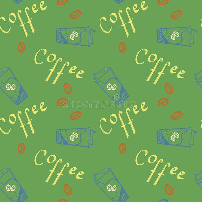 Texto do café e copo de café para levar embora com teste padrão sem emenda dos feijões para o projeto, o papel de envolvimento ou ilustração do vetor Texto do café e copo de café para levar embora com teste padrão sem emenda dos feijões para o projeto, o papel de envolvimento ou ilustração do vetor