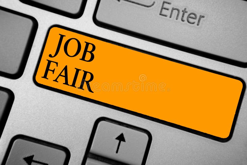 Text sign showing Job Fair. Conceptual photo An event where a person can apply for a job in multiple companies Keyboard orange key Intention create computer computing reflection document. Text sign showing Job Fair. Conceptual photo An event where a person can apply for a job in multiple companies Keyboard orange key Intention create computer computing reflection document