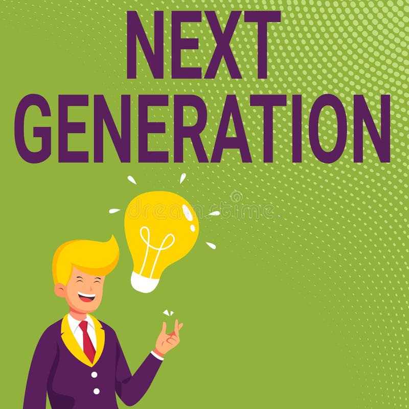 Texttecken som visar nästa generation. företagsprodukt som har utvecklats med hjälp av den senaste tekniken royaltyfri illustrationer