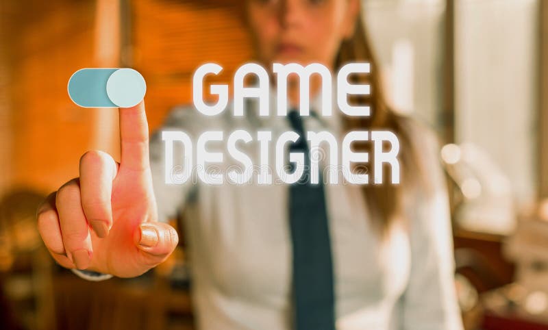 Text sign showing Game Designer. Business photo showcasing Campaigner Pixel Scripting Programmers Consoles 3D Graphics Blurred woman in the background pointing with finger in empty space. Text sign showing Game Designer. Business photo showcasing Campaigner Pixel Scripting Programmers Consoles 3D Graphics Blurred woman in the background pointing with finger in empty space