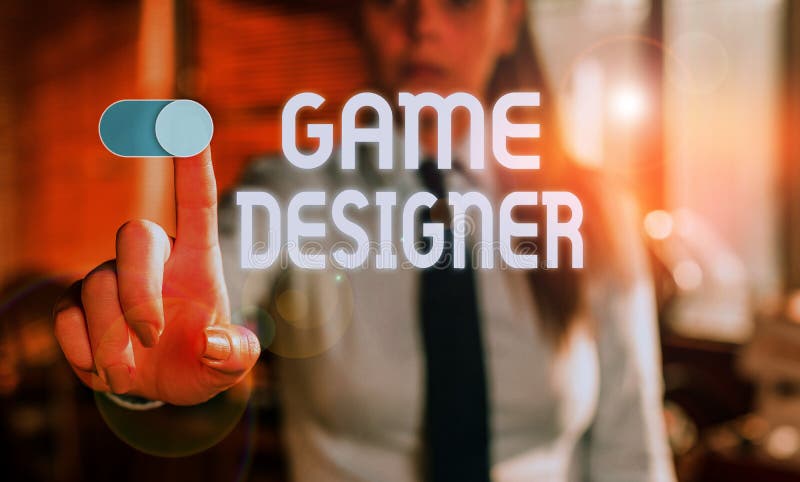 Text sign showing Game Designer. Business photo showcasing Campaigner Pixel Scripting Programmers Consoles 3D Graphics Blurred woman in the background pointing with finger in empty space. Text sign showing Game Designer. Business photo showcasing Campaigner Pixel Scripting Programmers Consoles 3D Graphics Blurred woman in the background pointing with finger in empty space