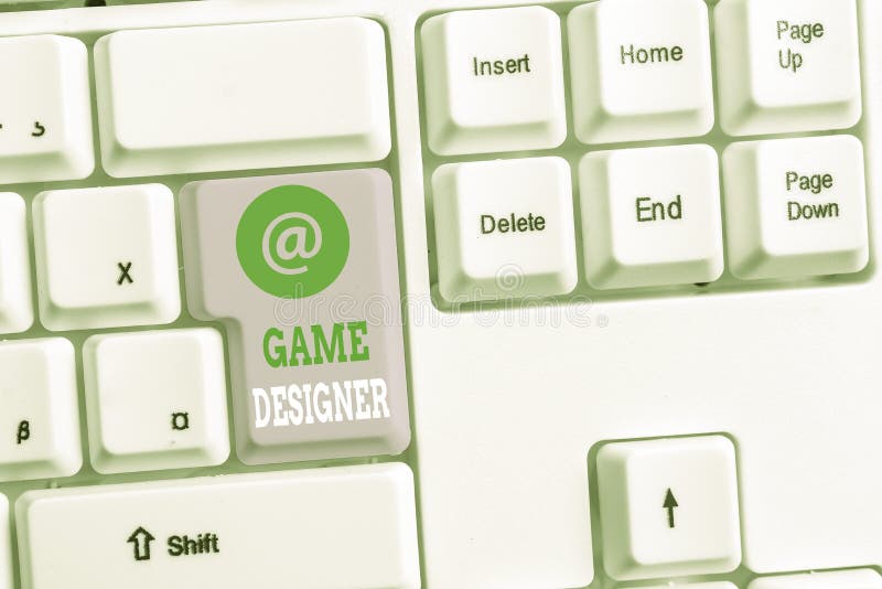 Text sign showing Game Designer. Business photo text Campaigner Pixel Scripting Programmers Consoles 3D Graphics White pc keyboard with empty note paper above white background key copy space. Text sign showing Game Designer. Business photo text Campaigner Pixel Scripting Programmers Consoles 3D Graphics White pc keyboard with empty note paper above white background key copy space