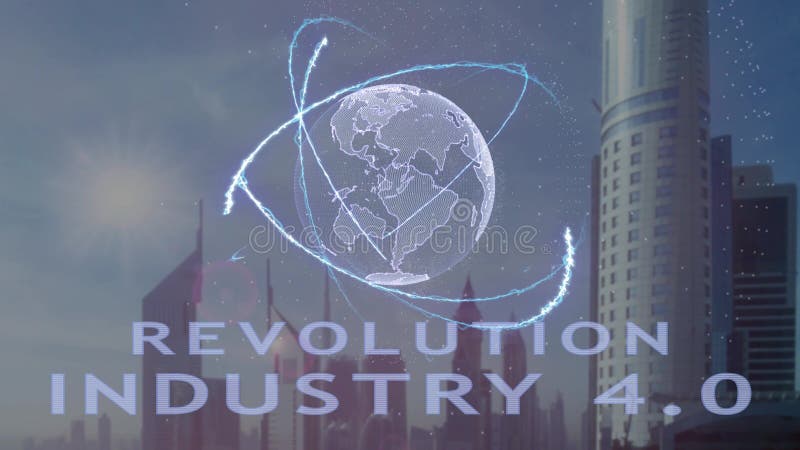 Textul Revoluției 40 cu holograma 3d a planetei Pământ pe fundalul metropolei moderne. concept de animație futuristă