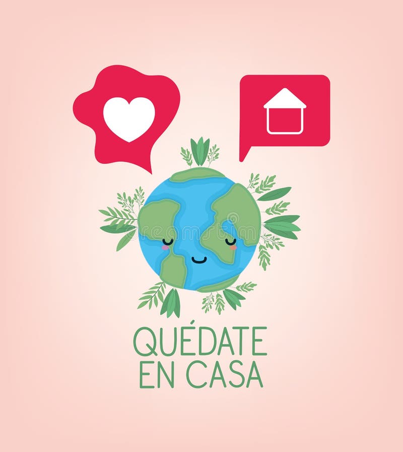 Textul „quedate en casa” cu bule de aer pentru caricaturi mondiale și lasă design vectorial stock illustration