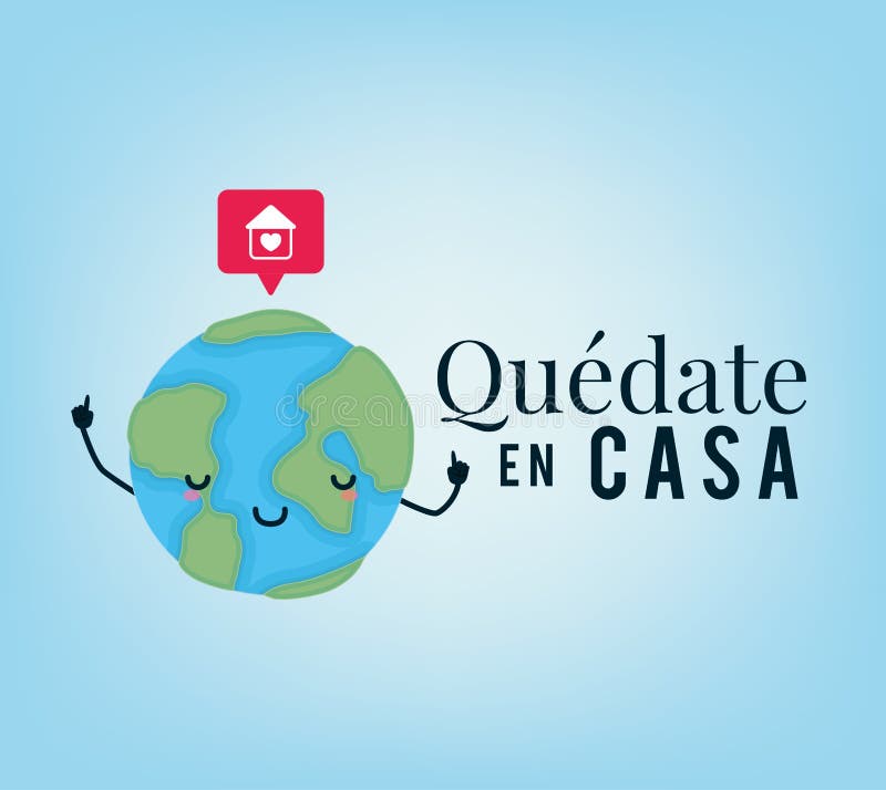 Textul „quedate en casa” cu desenul „world cartoon heart house” și design al vectorului cu bule vector illustration