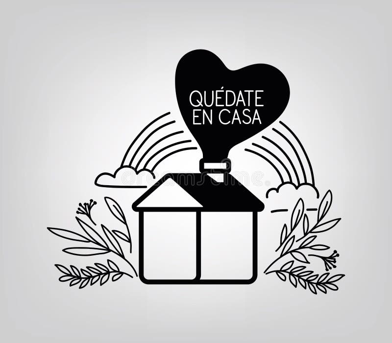 Textul „quedate en casa” cu inimă de casă lasă curcubeu și nori și design vectorial royalty free illustration