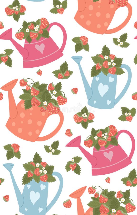 Textura de verano con latas de agua y fresas. patrón vectorial sin fisuras con un ramo de bayas en multicolor original. patrón vectorial sin fisuras con un ramo de bayas en jarrones multicolores originales sobre fondo blanco. niños fondo brillante para envolver papel y tejidos.