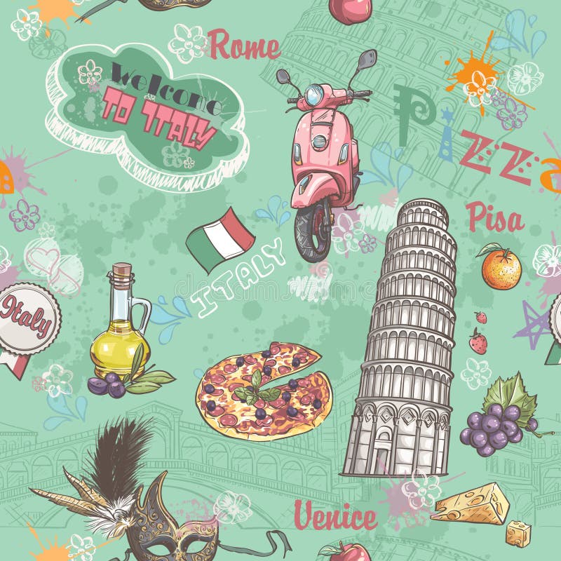 Textura inconsútil en Italia con una imagen de la comida, de la arquitectura, y de los diversos temas en Italia ilustración del vector Textura inconsútil en Italia con una imagen de la comida, de la arquitectura, y de los diversos temas en Italia ilustración del vector
