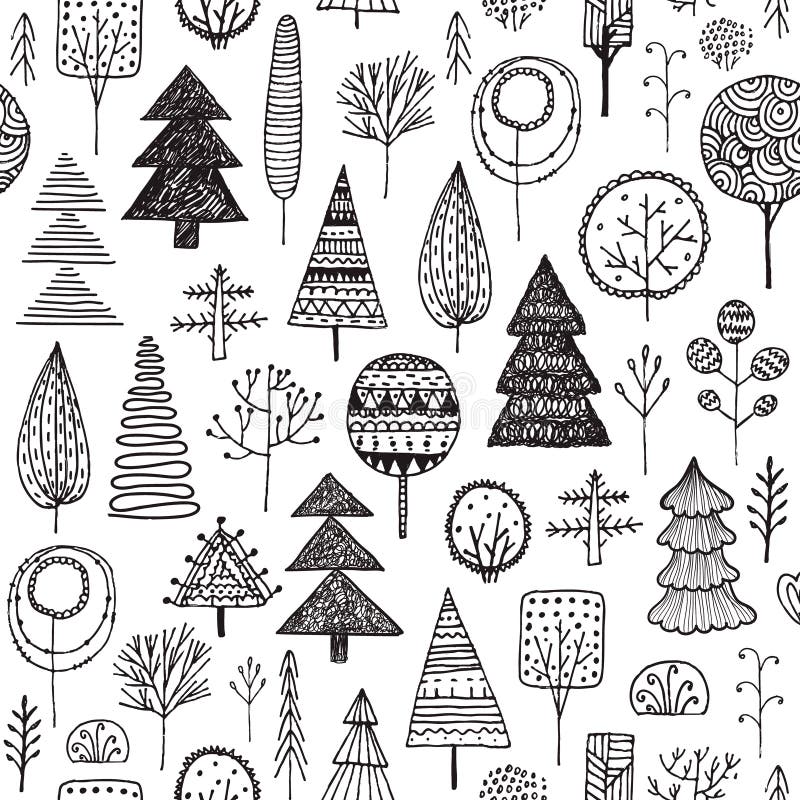 Textura linear inconsútil del vector con los árboles ornamentales Modelo blanco y negro dibujado mano sin fin Plantilla para el d ilustración del vector Textura linear inconsútil del vector con los árboles ornamentales Modelo blanco y negro dibujado mano sin fin Plantilla para el d ilustración del vector