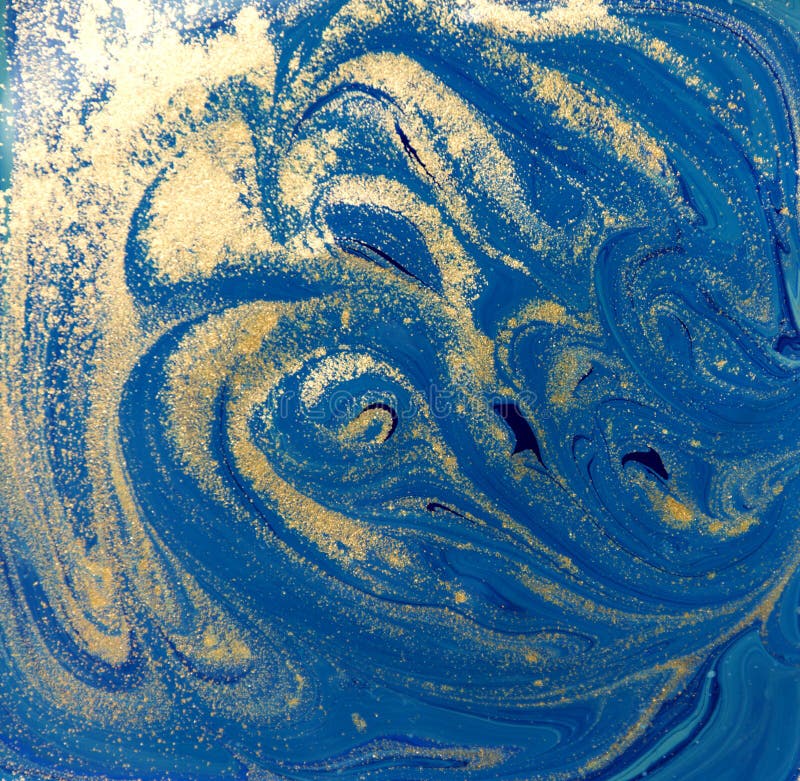 Textura líquida del azul y del oro Fondo que vetea dibujado mano Modelo abstracto de mármol de la tinta