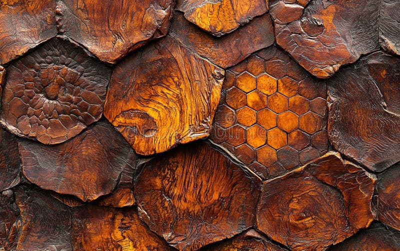 Textura naturală a lemnului cu diverse tipare circulare și cu formă hexagonală, prezentând nuanțe bogate de maro și royalty free stock photography
