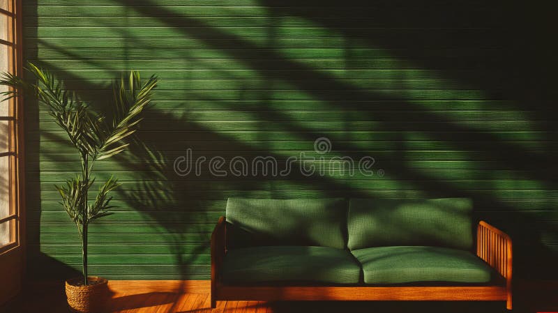 Textura peretelui natural de bambus cu sofa verde și planta interioară în încăperi cu lumină solară stock illustration