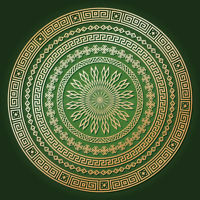 Golden ethnic round texture with shadow on dark green. Ornamental arabesque pattern background. Vector illustration. Could be used for invitation, ottoman, card design, pillow, banners, signs, etc. Golden ethnic round texture with shadow on dark green. Ornamental arabesque pattern background. Vector illustration. Could be used for invitation, ottoman, card design, pillow, banners, signs, etc.