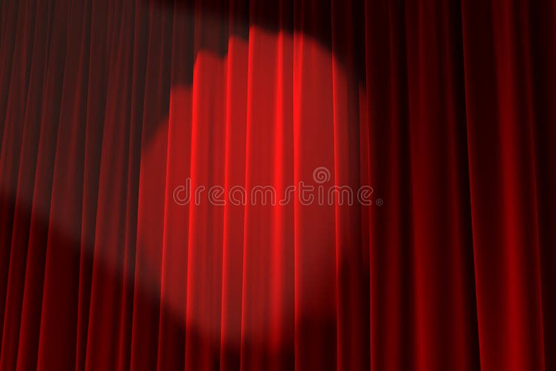 A spotlight lights up a red curtain stage. A spotlight lights up a red curtain stage