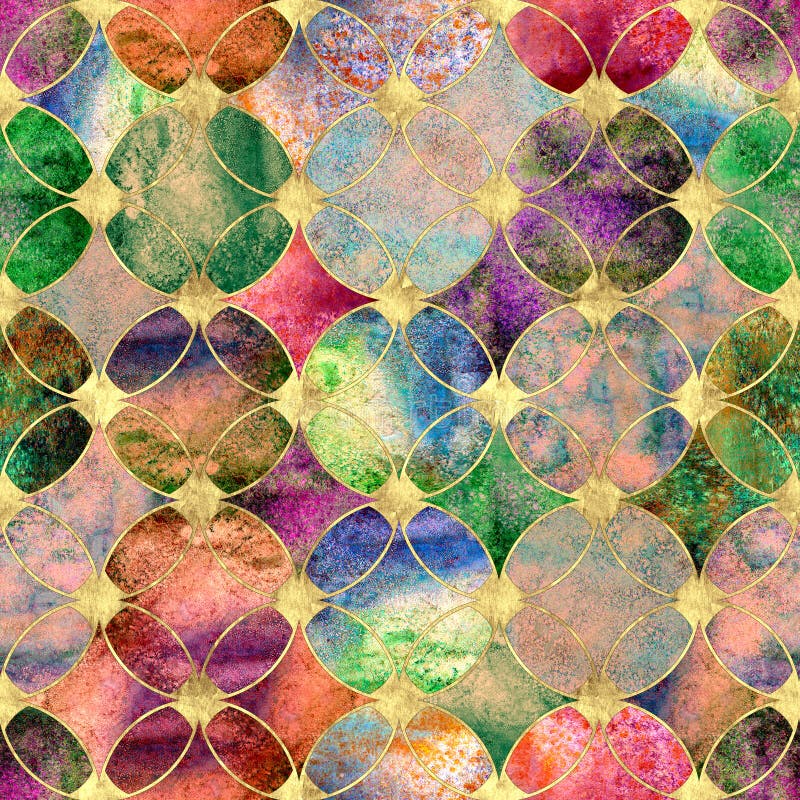 Seamless watercolour bright colorful gold glitter abstract texture. Watercolor hand drawn grunge background with overlapping circles and golden contour pattern. Print for textile, wallpaper, wrapping. Seamless watercolour bright colorful gold glitter abstract texture. Watercolor hand drawn grunge background with overlapping circles and golden contour pattern. Print for textile, wallpaper, wrapping