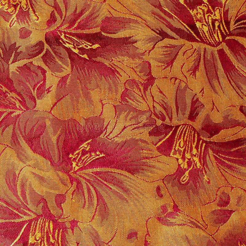 Texture, background, silk fabric. Gold floral pattern white thread royalty free stock photo