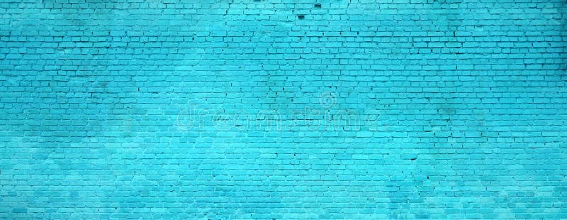 The texture of the brick wall of many rows of bricks painted in cyan colo