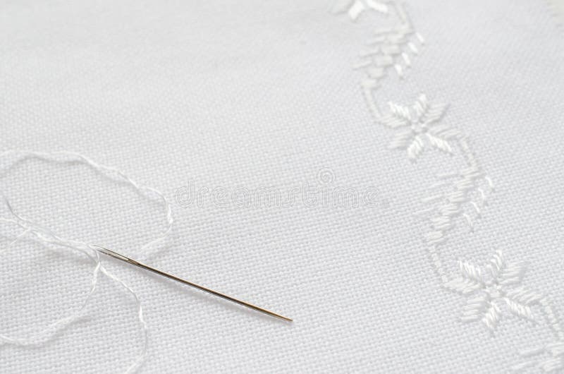 Texture Of Linen Fabric With White Silk Embroidery Stock Image Image