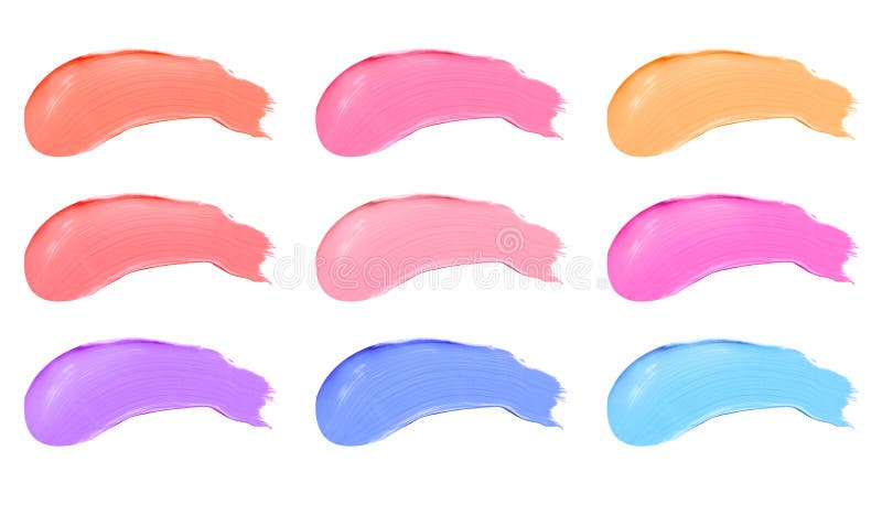 Texture of the lipstick of different colors isolated on white background. Set of multicolored strokes. Cosmetic product.