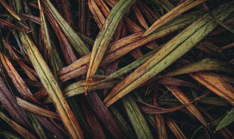Texture photograph of flattened autumn grass, brown and muted green tones, irregular pressed patterns royalty free stock image