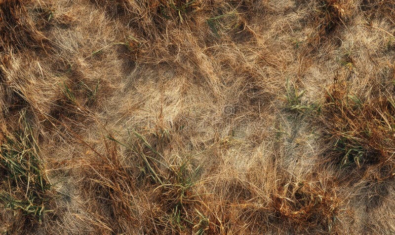 Texture photograph of flattened autumn grass, brown and muted green tones, irregular pressed patterns stock photos
