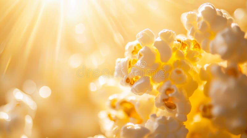 The texture of popcorn is highlighted in a close-up with buttery and golden tones, featuring realistic details and a royalty free stock photography
