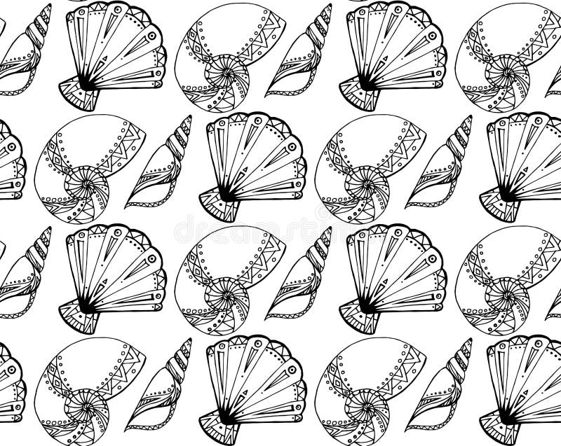 Texture sans couture avec les coquillages noirs et blancs de griffonnage illustration stock Texture sans couture avec les coquillages noirs et blancs de griffonnage illustration stock