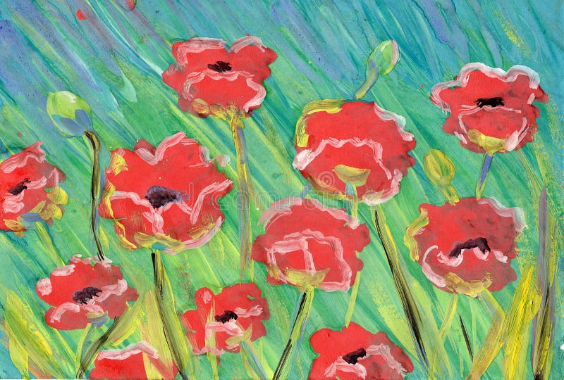 Hand drawn texture with poppies. Red flowers gouache and watercolor painting. Green background. Oil painting on canvas. Botanical sketch. Nature and ecology. For postcards and posters. For interior. Hand drawn texture with poppies. Red flowers gouache and watercolor painting. Green background. Oil painting on canvas. Botanical sketch. Nature and ecology. For postcards and posters. For interior