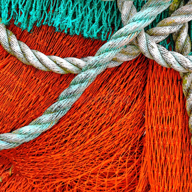 Texture of a Red Green Fishing Net with a Robe Stock Photo - Image