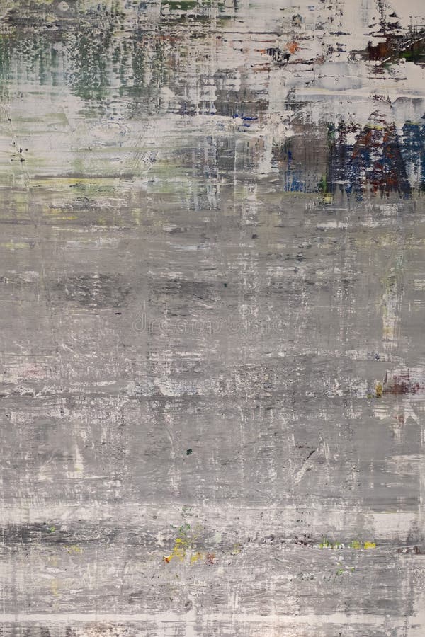 Textured abstract painting with gray tones and hints of color, scratched and layered effects create a weathered, modern aesthetics
