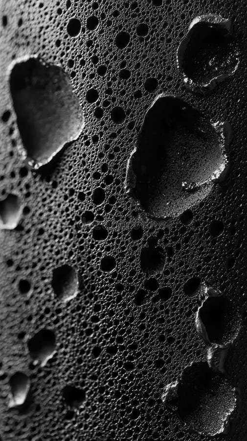 Textured Black Surface with Holes and Bubbles for Abstract Design. This captivating image features a textured black surface punctuated by unique holes and bubbles, ideal for abstract designs and contemporary art projects